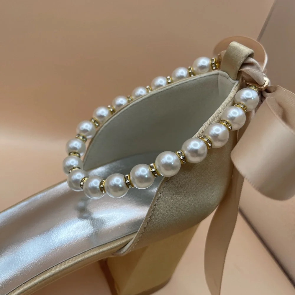 Champagne Satin Block Heels w/ Pearl Ankle Strap • EU 37 (US 6.5–7)